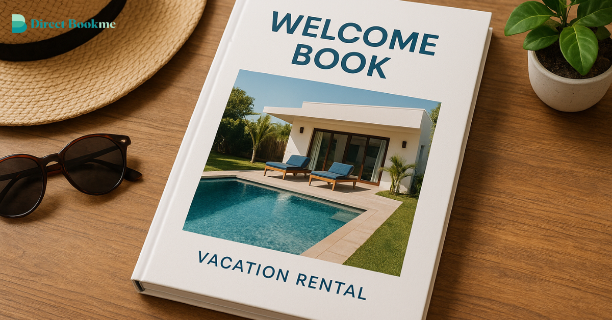 Open vacation rental welcome book with house rules and local guide inside