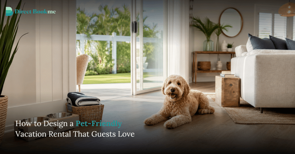 Pet-friendly vacation rental design with a dog in a clean modern living room and outdoor patio space