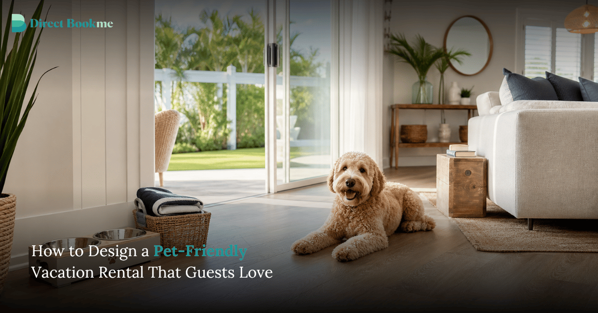 Pet-friendly vacation rental design with a dog in a clean modern living room and outdoor patio space