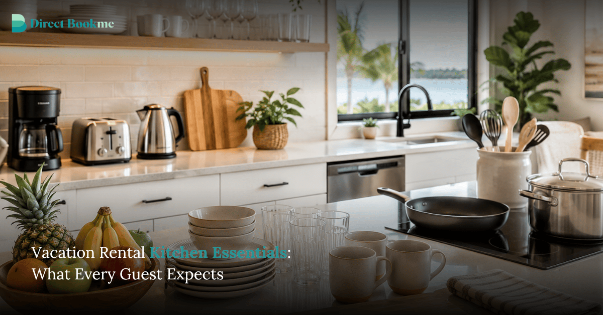 Bright vacation vacation rental kitchen essentials equipped with cookware, dishes, coffee maker, toaster, utensils, and food storage items