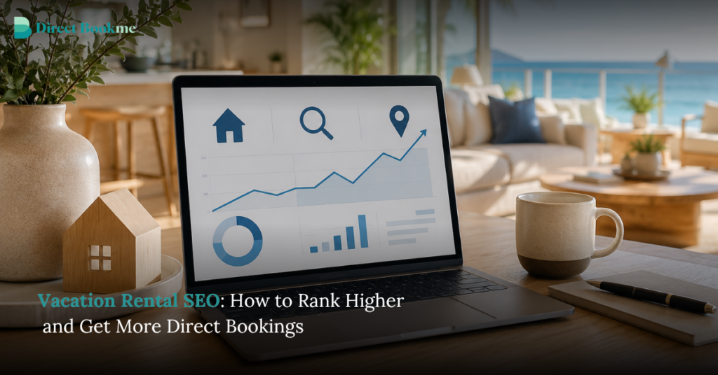 SEO for Vacation Rentals: How to Rank Higher and Get More Direct Bookings 5 Laptop showing vacation rental SEO analytics in a bright modern rental interior with ocean view and booking visibility icons.