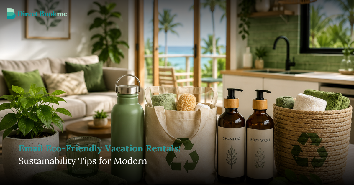Eco friendly vacation rentals with reusable amenities, refillable toiletries, recycling items, plants, and a bright sustainable coastal rental interior.