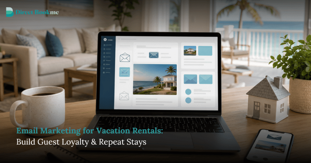 Email marketing for vacation rentals shown on a laptop in a bright coastal rental interior with guest communication and booking email visuals.