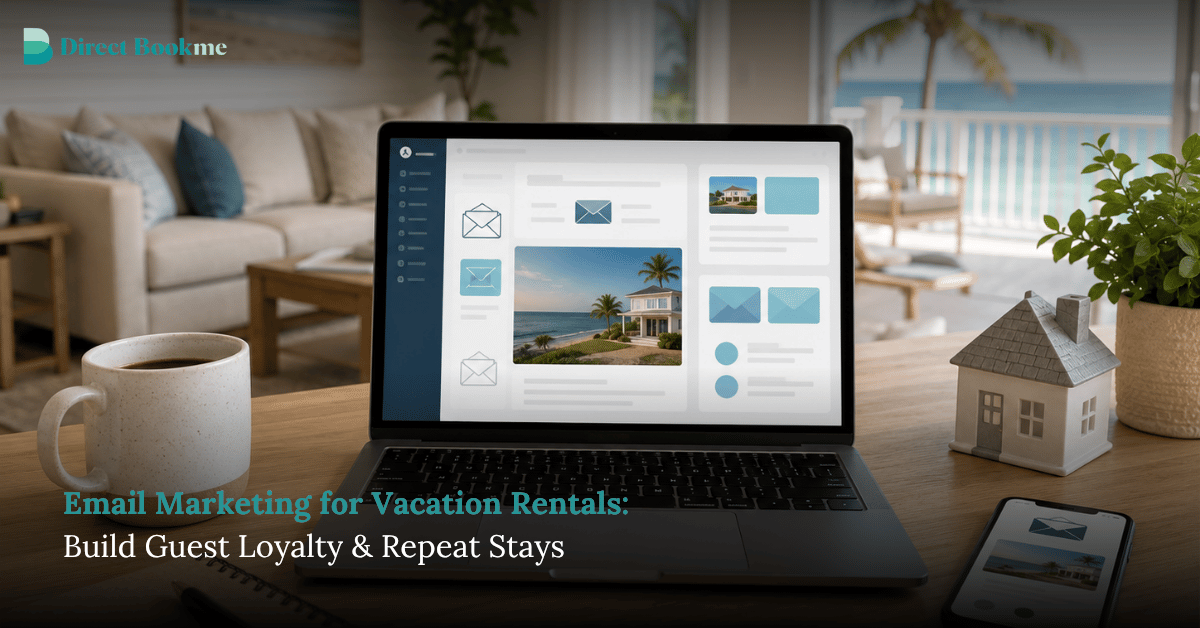 Email marketing for vacation rentals shown on a laptop in a bright coastal rental interior with guest communication and booking email visuals.