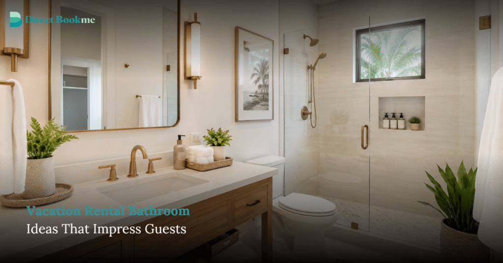 Vacation Rental Bathroom Ideas That Impress Guests 1 Vacation rental bathroom ideas with a modern clean vanity, glass shower, fresh towels, greenery, and spa-like guest amenities.