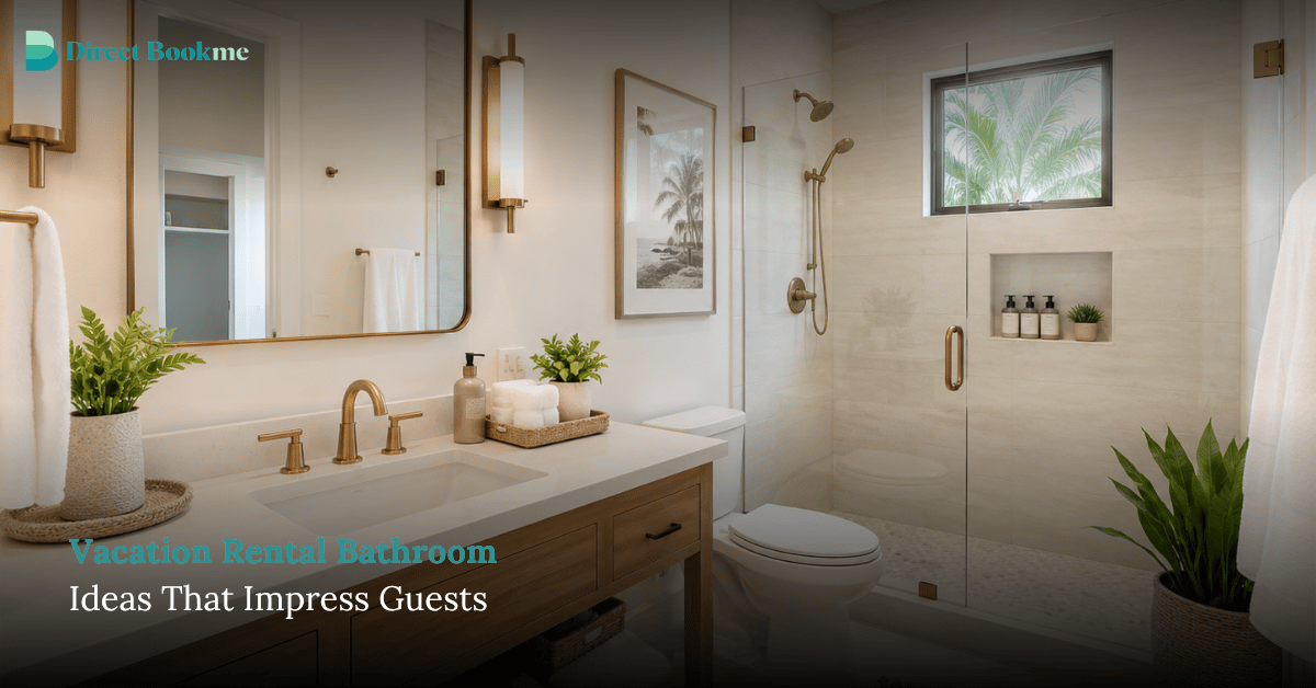 Vacation rental bathroom ideas with a modern clean vanity, glass shower, fresh towels, greenery, and spa-like guest amenities.