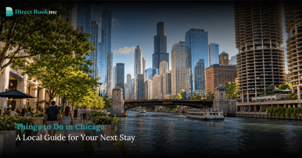 Chicago Riverwalk and downtown skyline for a travel guide to things to do in Chicago